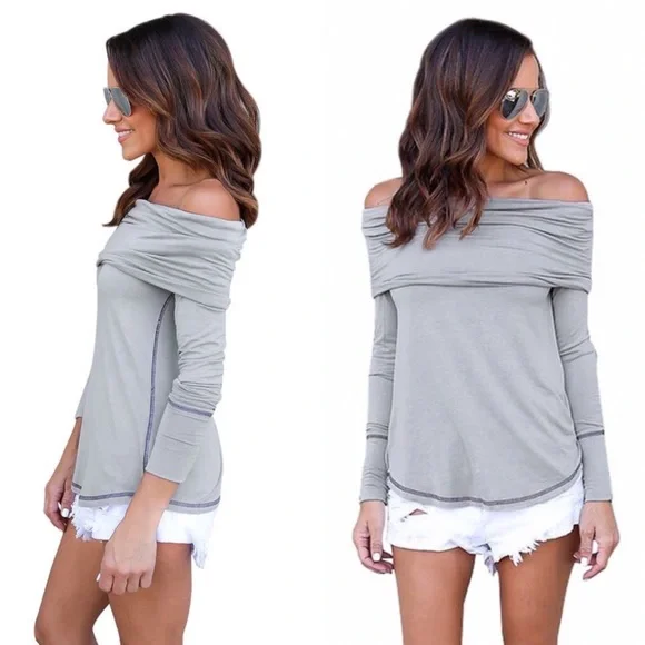 💥 SALE Fold Over Cowl Neck Off Shoulder Contrast Stitch Knit Top Grey - Picture 6 of 6